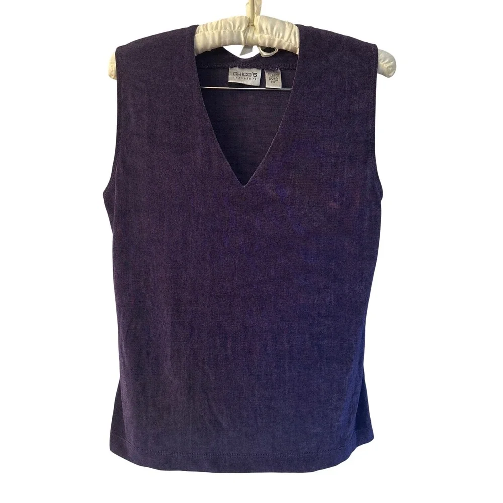 Chicos Travelers Purple 2 Piece Set Tunic Pants Women M Petite Travel Resortwear - Picture 2 of 13